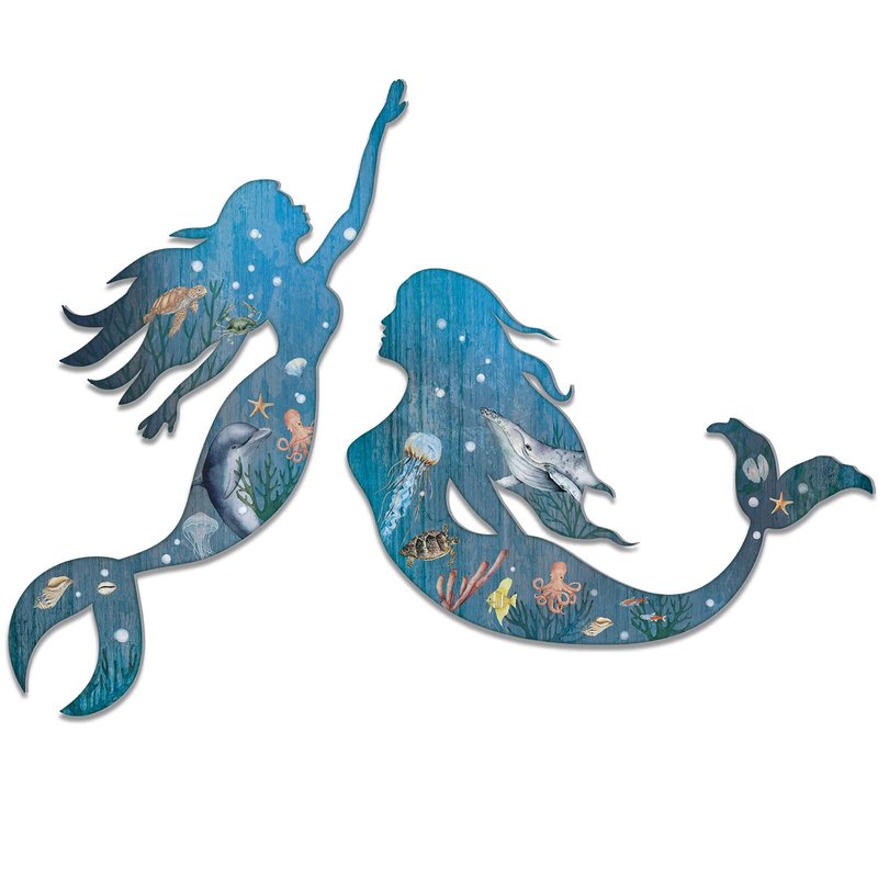 Pelopy 2 Pack Metal Mermaid Wall Art Rustic Bathroom Hanging Mermaid Wall Decor Blue Sculpture Decorations for Room Patio Swimming Pool Bathroom
