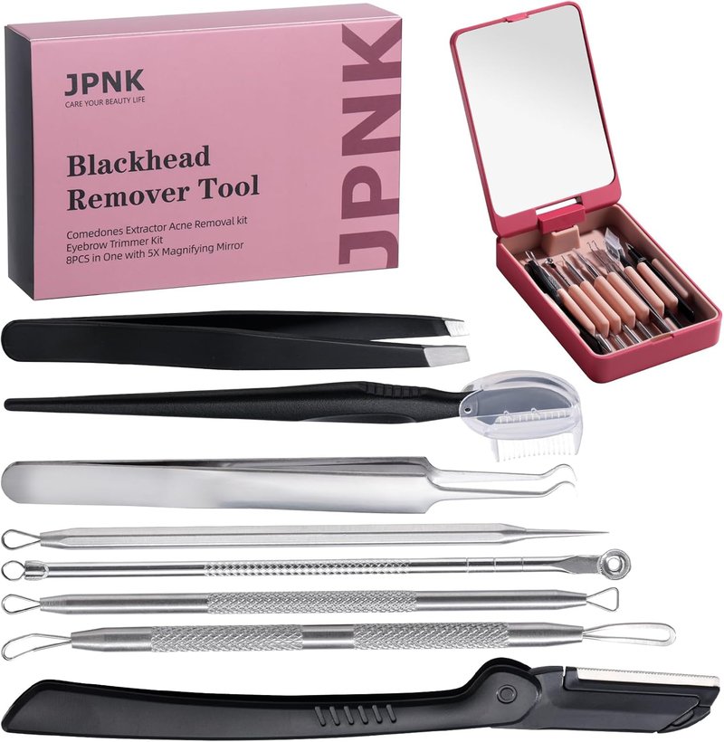 JPNK Blackhead Remover Tool Kit - 8-Piece Comedones Extractor & Eyebrow Trimmer with 5X Mirror (Silver)