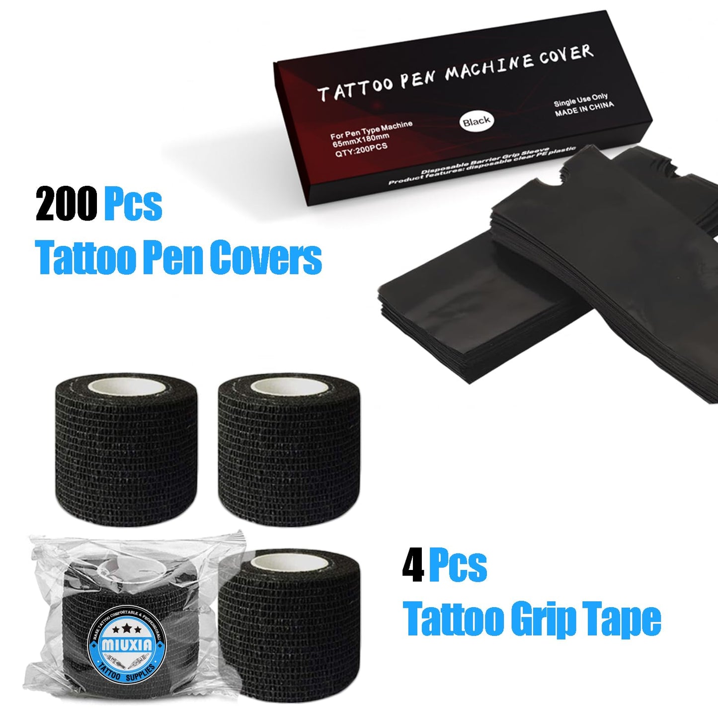 MIUXIA 204Pcs Tattoo Pen Covers & Grip Wrap - Black, 200 Covers & 4pcs Grip Tape, Tattoo Machine Parts