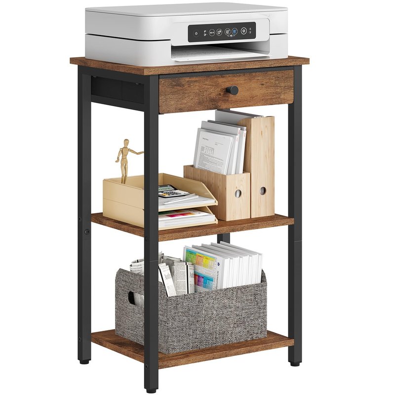 Gewudraw Printer Stand with Storage Drawer, 3-Tier Under Desk Printer Table, End Table for Home Office, Living Room, Bedroom, Brown