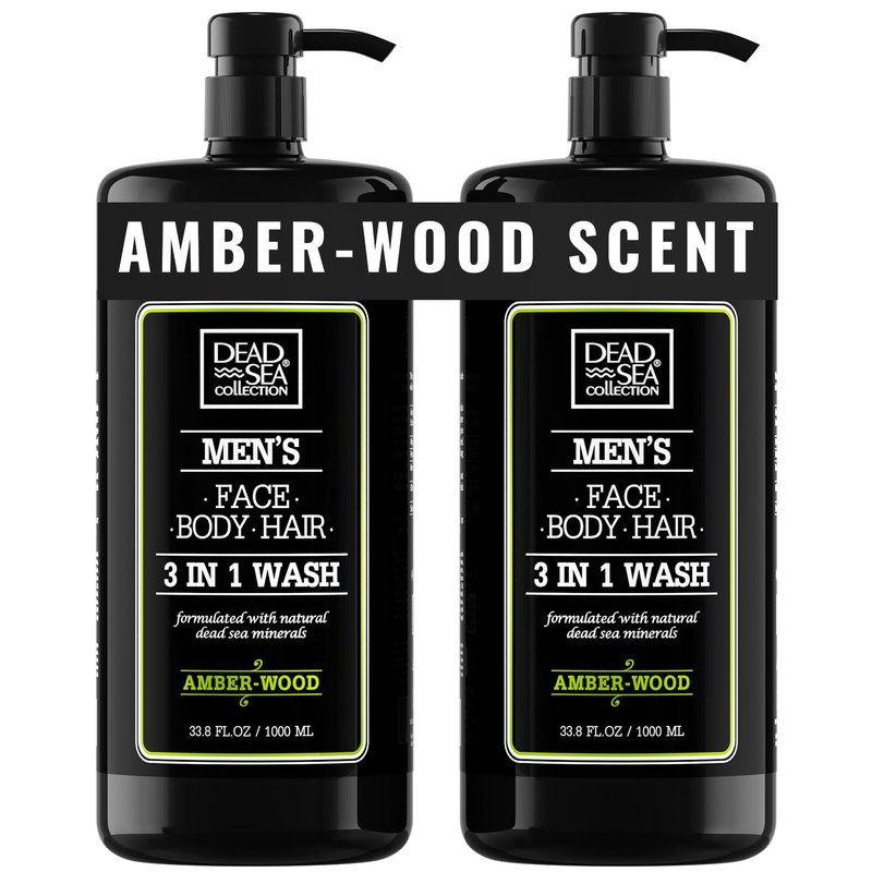 Dead Sea Collection Amber Wood Men’s Body Wash – 3 in 1 Body Wash for Men for Hair, Face & Body – Moisturizing Shower Gel with Dead Sea Minerals – Pack of 2 (33.8 fl oz each)