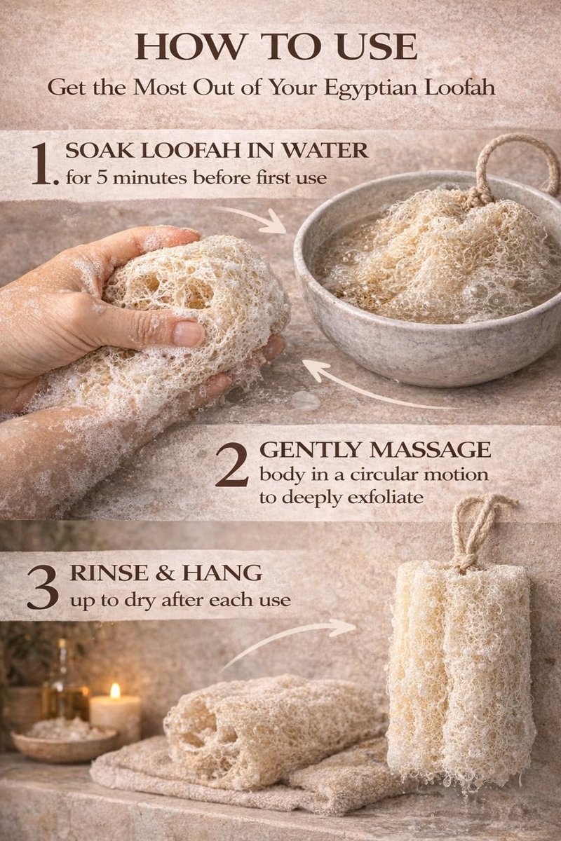 AuraLine Large Natural Egyptian Loofah Sponge, Exfoliating Bath and Shower Scrubber with Hanging Rope. Plant Based (3 Count in 1 Eco-Friendly Bag)
