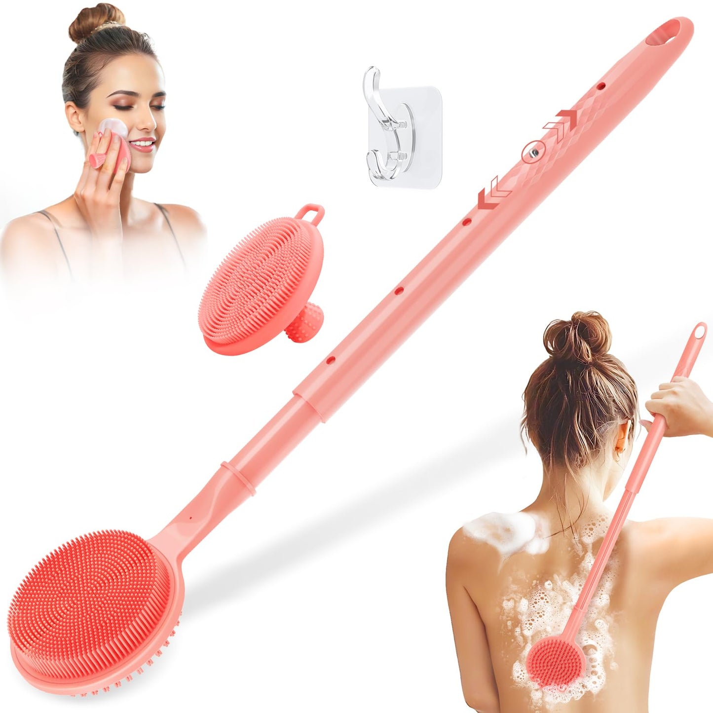 GEENOA Adjustable Silicone Back & Face Scrubber Set, 16''-24'' Extendable Shower Back Scrubber with Dual-Side Head and Lathering Bristles, Manual Face Scrubber with Soft Bristle Non-Slip Handle(Pink)