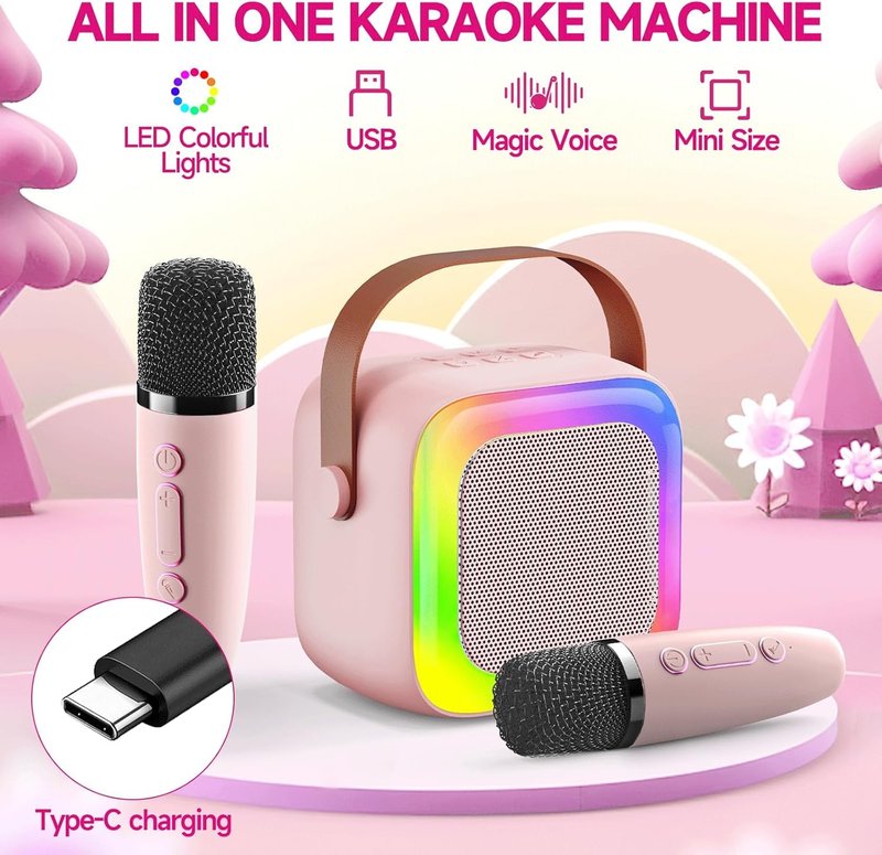 SECULEAD Mini Karaoke Machine for Kids Teen Adults with 2 Wireless Microphones and LED Lights, Bluetooth 5.3 Connectivity, Toys for Party, Home, Gifts for 4 5 6 7 8 9 10 11 12+ Years Girls Boys