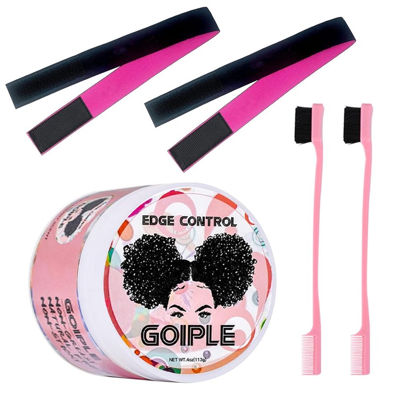 Goiple Edge Control Wax - Strong Hold Non-Greasy Smoother for Women | Strawberry Scent, 4oz + 2 Brushes + 2 Elastic Bands