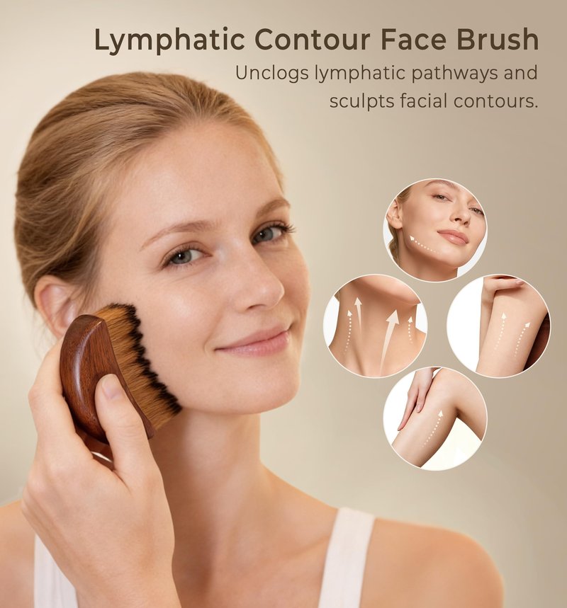 Lymphatic Contour Face Brush - Wooden Face Brush for Lymphatic Drainage - Facial Sculpting Guasha Dry Brushing Massage Tool - Contour Glow Brush Lymph Drainage Depuff Lift Brushes for Face Neck Chin