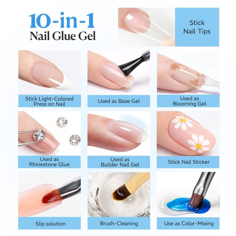 Azurebeauty 10-in-1 Gel Nail Glue - Long-Lasting Acrylic Nail Adhesive | 2 Pcs 15ml for Tips & Rhinestones