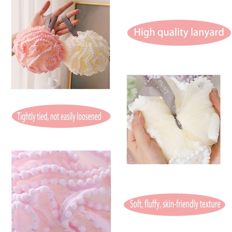 2 Pack Bath Sponge Poufs, Pink & White Exfoliating Mesh Shower Balls, Soft Loofah Sponges for Women and Men, Bathroom Bathing Accessories