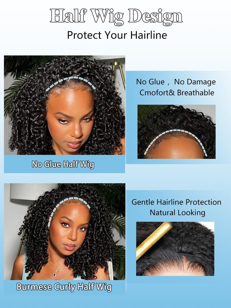 Skiennix 26 Inch Burmese Curly Half Wig - Glueless Wear & Go Design for Black Women, 180% Density