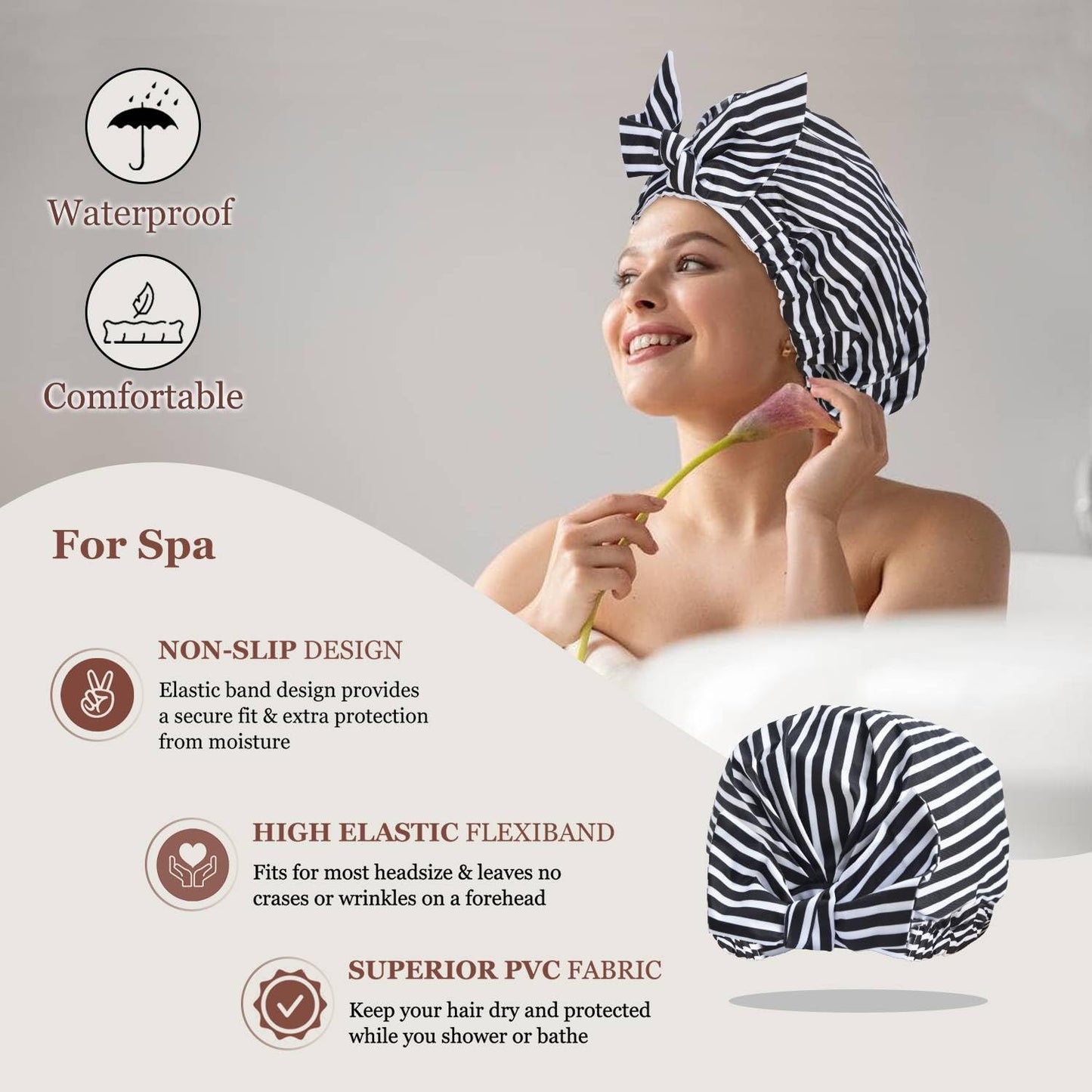 Luvruitaky Shower Cap Luxury Shower Caps for Women Reusable Waterproof Hair Cap for Shower with Adjustable Bowknot Hair Bath Cap (Black Stripe)