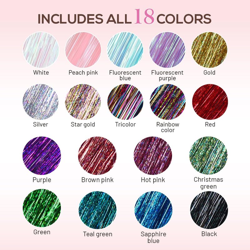 Hair Tinsel Kit - 16 Color Glitter Hair Extensions for Teens & Women | Heat Resistant Fairy Hair Accessories (48 Inch)