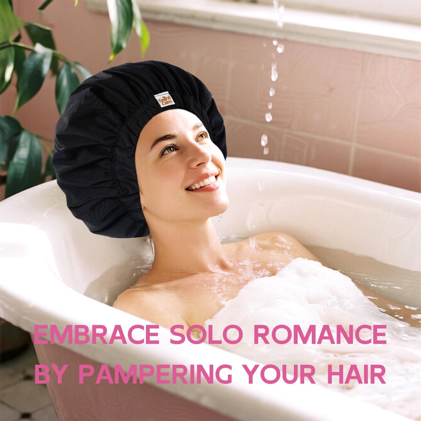 Years Calm Luxury Shower Cap for Women, Color Changing Shower Cap Reusable Waterproof, Flexi Satin Lined, Stylish Hair Cap for Shower, Washable Elastic Band Bath Cap for Long Hair, Braids (Black)
