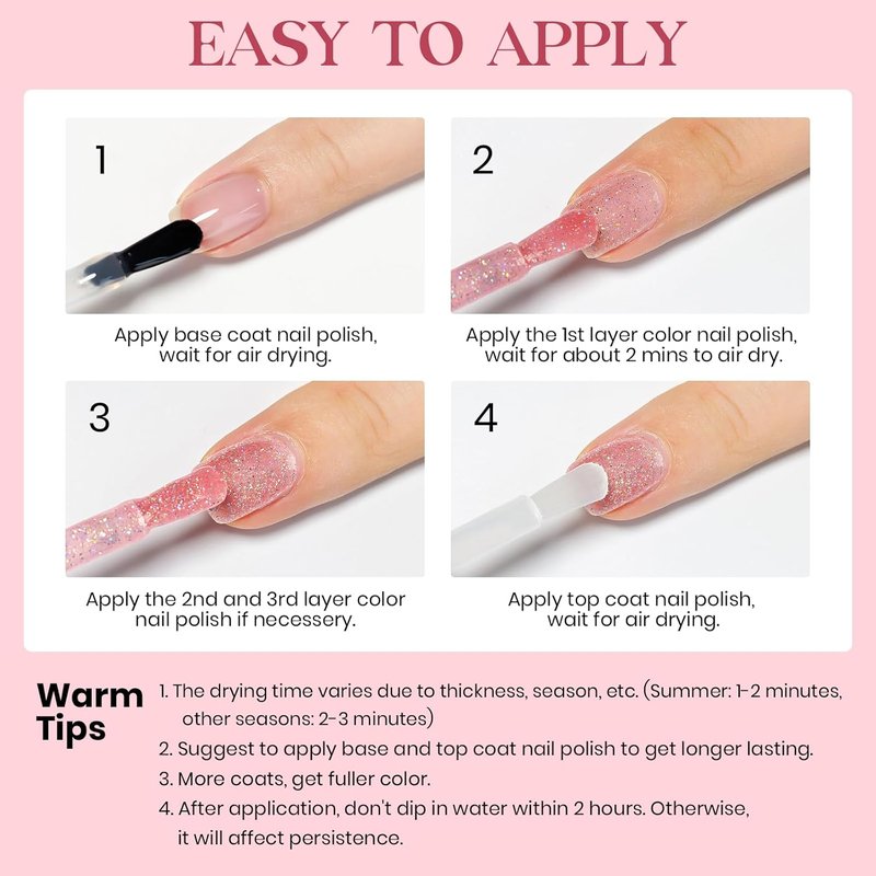 MIZHSE Quick Dry Glitter Pink Nail Polish - Non-Gel, Fast Air Drying, 15ml Full Coverage Shine
