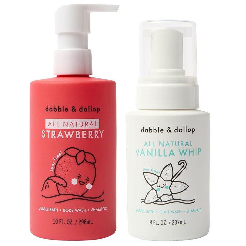 Dabble & Dollop Strawberry + Vanilla Kids 3-in-1 Body Wash, Shampoo & Bubble Bath Bundle – Gel + Foam Whip, Tear-Free, Gentle, Natural-Origin, Hypoallergenic and Safe for Sensitive Skin (Pack of 2)
