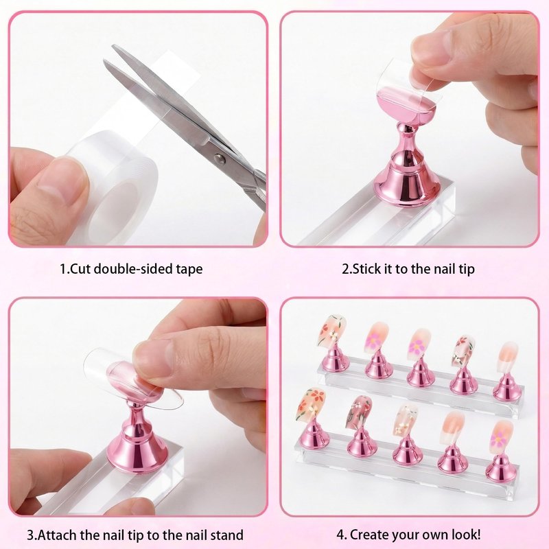 Difenni Nail Stand for Press On Nail Holder for Painting Nails Magnetic Nail Tips Practice Holder with 2 Pcs Double-sided Tape for DIY Painting (Pink B)