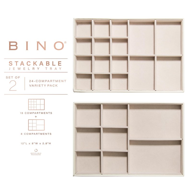 BINO | Jewelry Tray 2-Pack(Solid White) Stackable Jewelry Organizer Display | Accessories Holder and Display, Velvet Accent | Jewelry Display Case | Counter Showcase | Necklace, Bracelets, Earrings