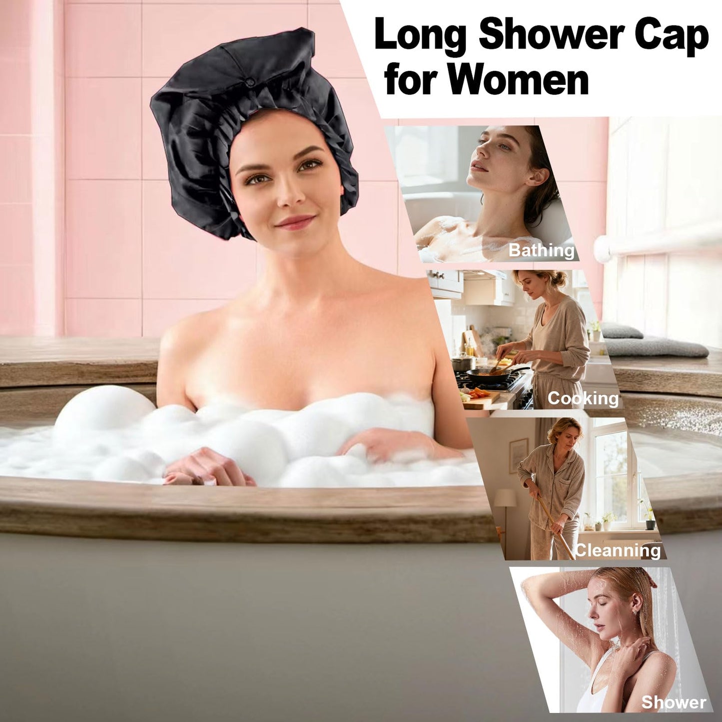 ELEBOX 2 Pack Extra Large Shower Cap for Braids/Curly Hair/Dreadlock | Reusable Waterproof Long Bonnets for Women Shower/Cleaning/Spa | Bathing Cap with Adjustable Drawstring & Button, Black+Leopard
