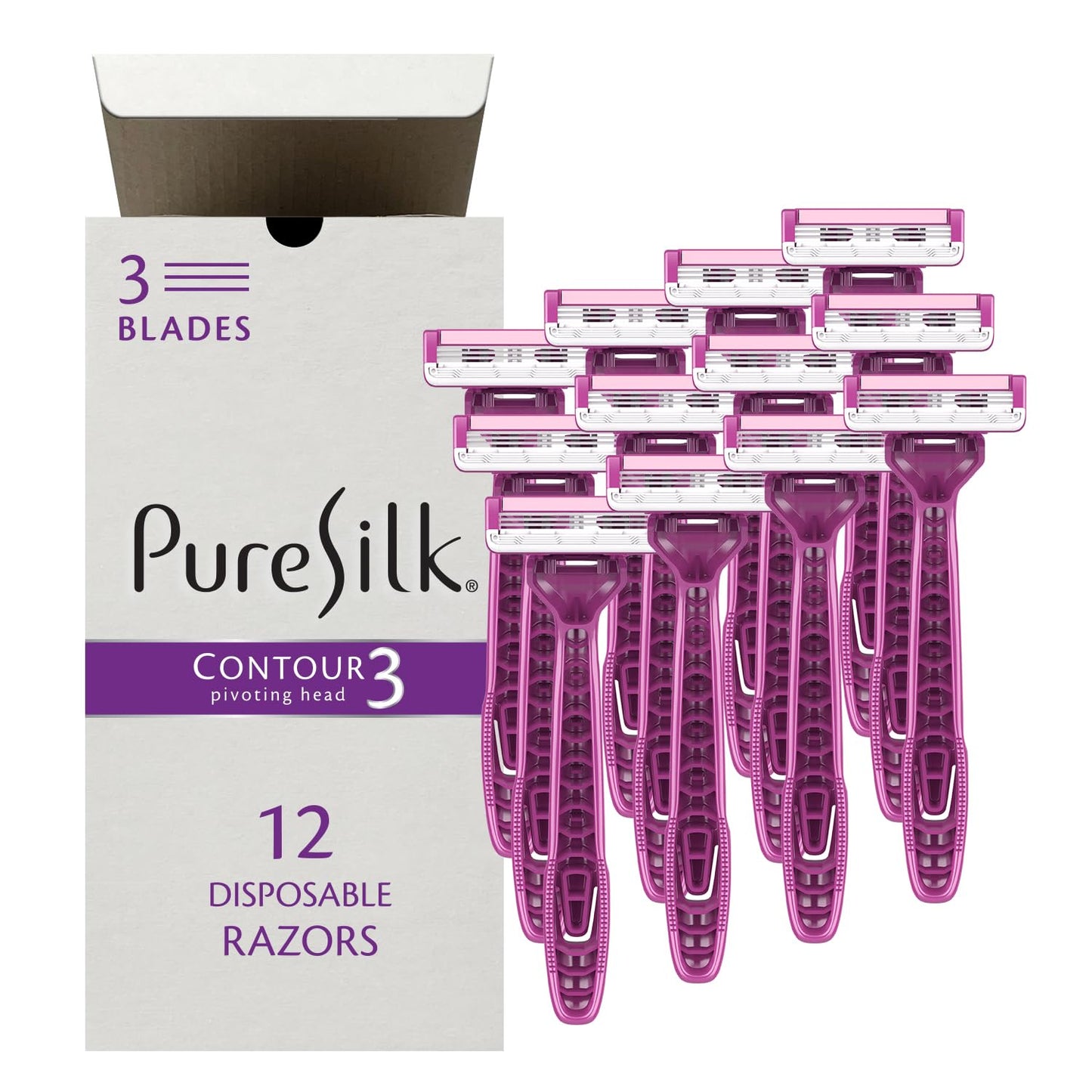 Pure Silk Contour 3 Disposable Razors for Women | 3-Blade Premium Razor Value Pack | Pivoting Head, Dual Moisture Bars Infused with Aloe, Vitamin E, Argan Oil | 3 Packs (9 Total Razors)