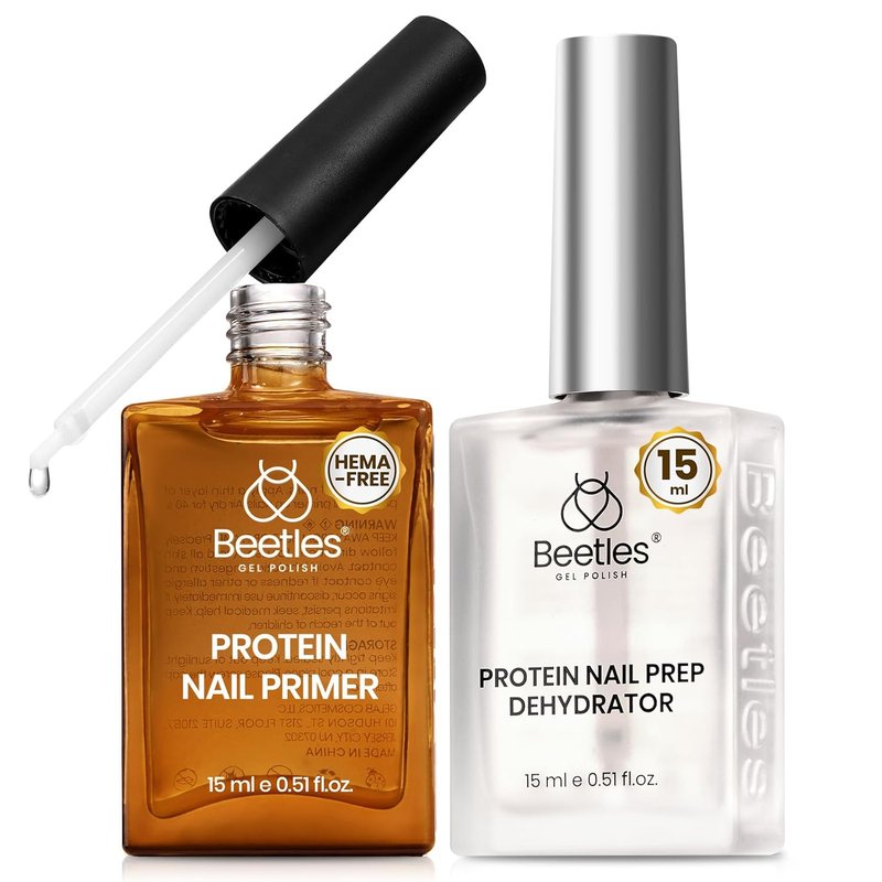 Beetles 15ml Protein Nail Prep Dehydrator and Primer Set - 2PCS Hema-Free & Acid Free Nail Bond Protein Prep Kit & 2 Pcs 15ml No Wipe Gel Top Coat and Base Coat Set - Shine Finish and Long Lasting