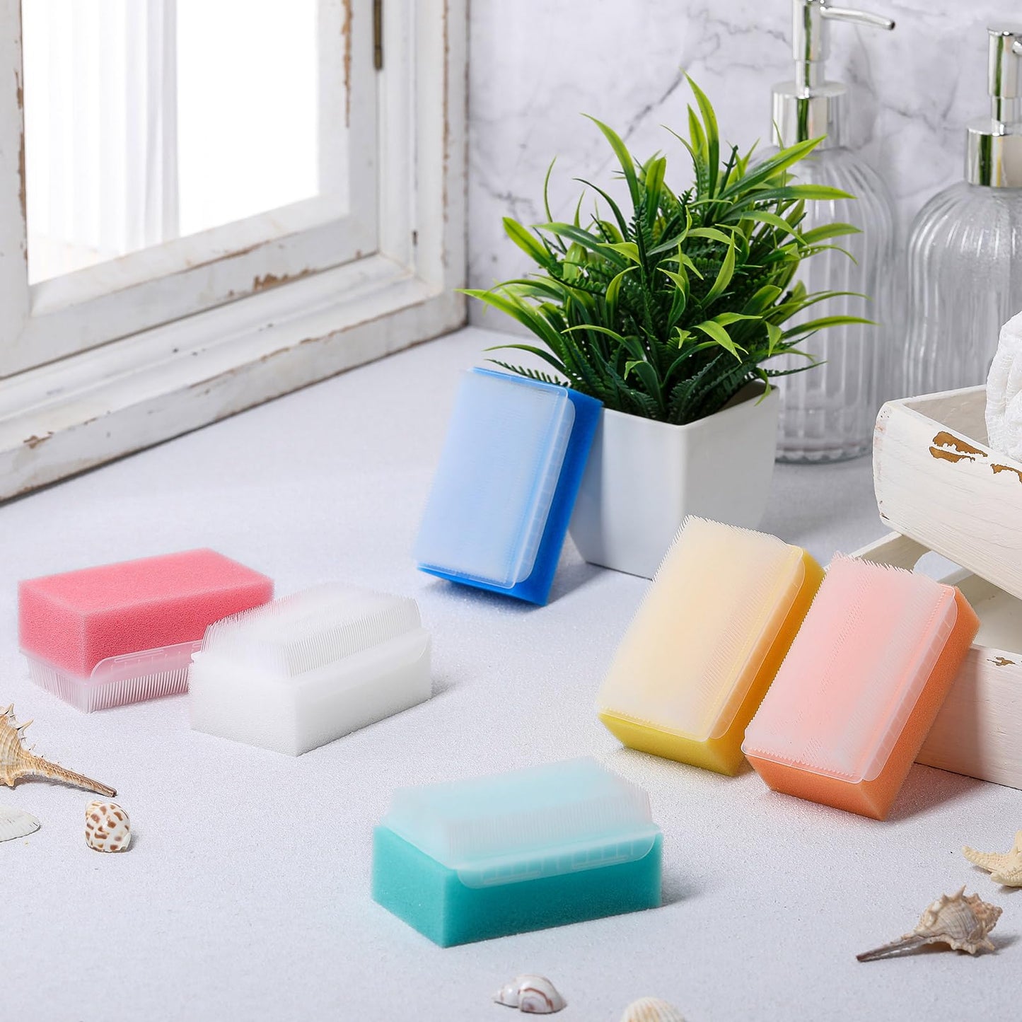 Sunnyray 6 Pack Bath Sponges Soft Foam Scrubber with Cradle Cap Bristle Brush 2 in 1, Cleansing Body, Hair and Scalp Cleansing, Gentle on Baby and Toddler Sensitive Skin, Sterile and Safe