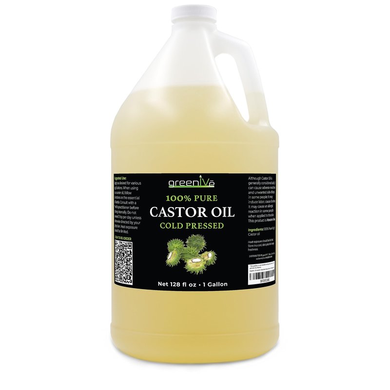 GreenIVe 100% Pure Castor Oil – Cold-Pressed, Hexane-Free – Hair, Eyebrows, Eyelashes, Skin Moisturizer, Castor Pack Wrap Oil Bulk Bottle (1 Gallon)