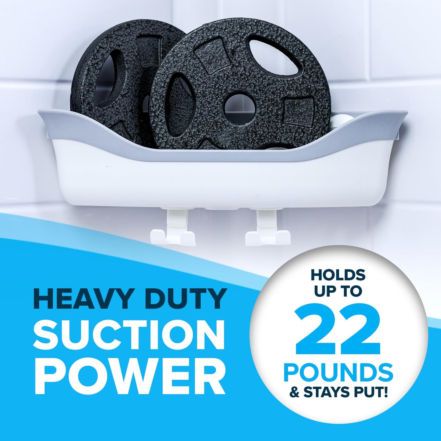 SlipX Solutions Corner Shower Basket Caddy, Sturdy Storage Organizer, Adjustable Power Lock Suction Cups, 2 Hooks, Holds up to 22 Pounds, Tool Free, Drill Free, Removeable (White)