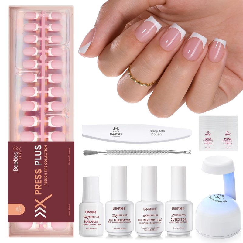 Beetles Press On Nails Kit-Short Square French Tip Press On Nails Kit with 150Pcs Pink French Nail Tips Nail Glue & Remover Builder Top Coat Nail Lamp,All-in-One DIY Fake Nails Gift for Women