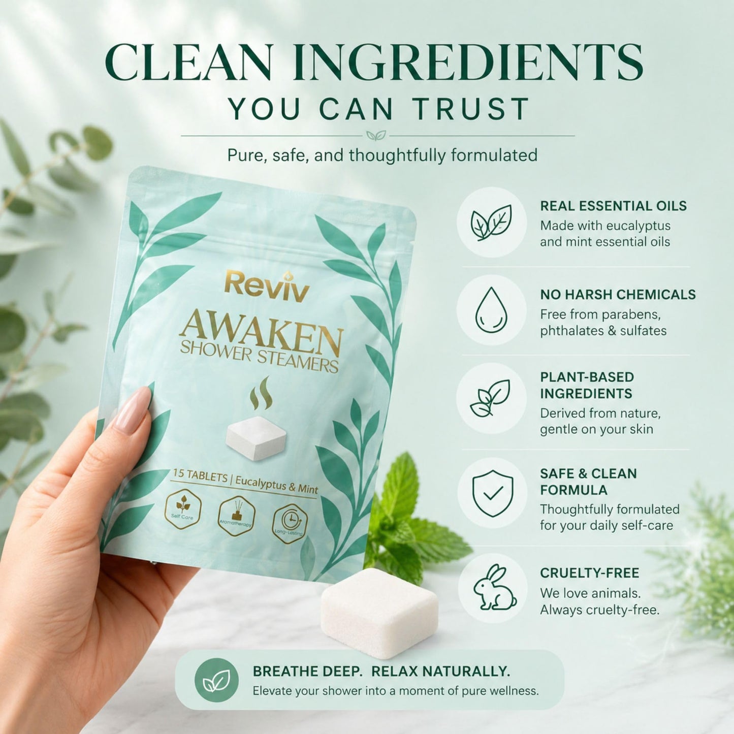 REVIV Shower Steamers Aromatherapy 15 Long-Lasting Eucalyptus & Mint Shower Bombs for Stress Relief and Sinus Support Self Care Spa Gifts for Women & Men