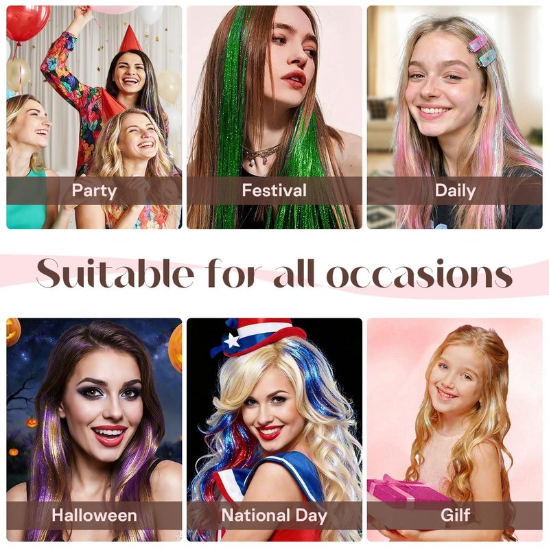 Hair Tinsel Kit - 16 Color Glitter Hair Extensions for Teens & Women | Heat Resistant Fairy Hair Accessories (48 Inch)