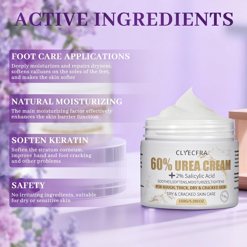 Clyecfra 5-in-1 60% Urea Cream with 2% Salicylic Acid, Urea Cream 60 Percent for Feet & Hands- Maximum Strength Moisturizer for Rough, Dry, Thick & Cracked Skin, Callus Remover, Deep Hydration, 150g