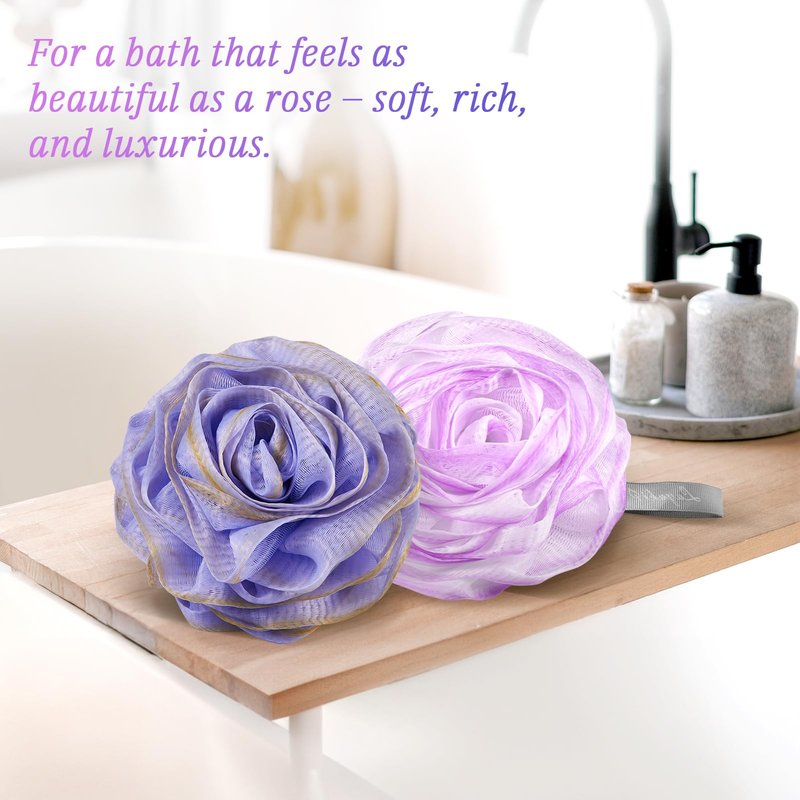 LAYUKI Bath Loofah, Shower Loofah, Body Loofah, Bath Sponge, Shower Sponge, Body Sponge, Bath Scrubber, Shower Scrubber, Body Scrubber, Rose-Shaped, Elegant (Set of 2 Pieces,Purple and Grey)