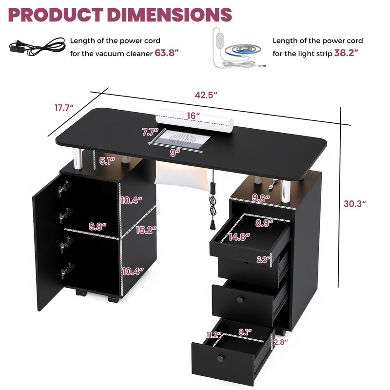 HolaiNail Nail Desk for Nail Tech w/Electric Dust Collector, Rolling Manicure Table w/Lockable Wheels, Storage Drawers, Wrist Cushion, Acetone Resistant, for Nail Beauty Salon Workstation (Black)