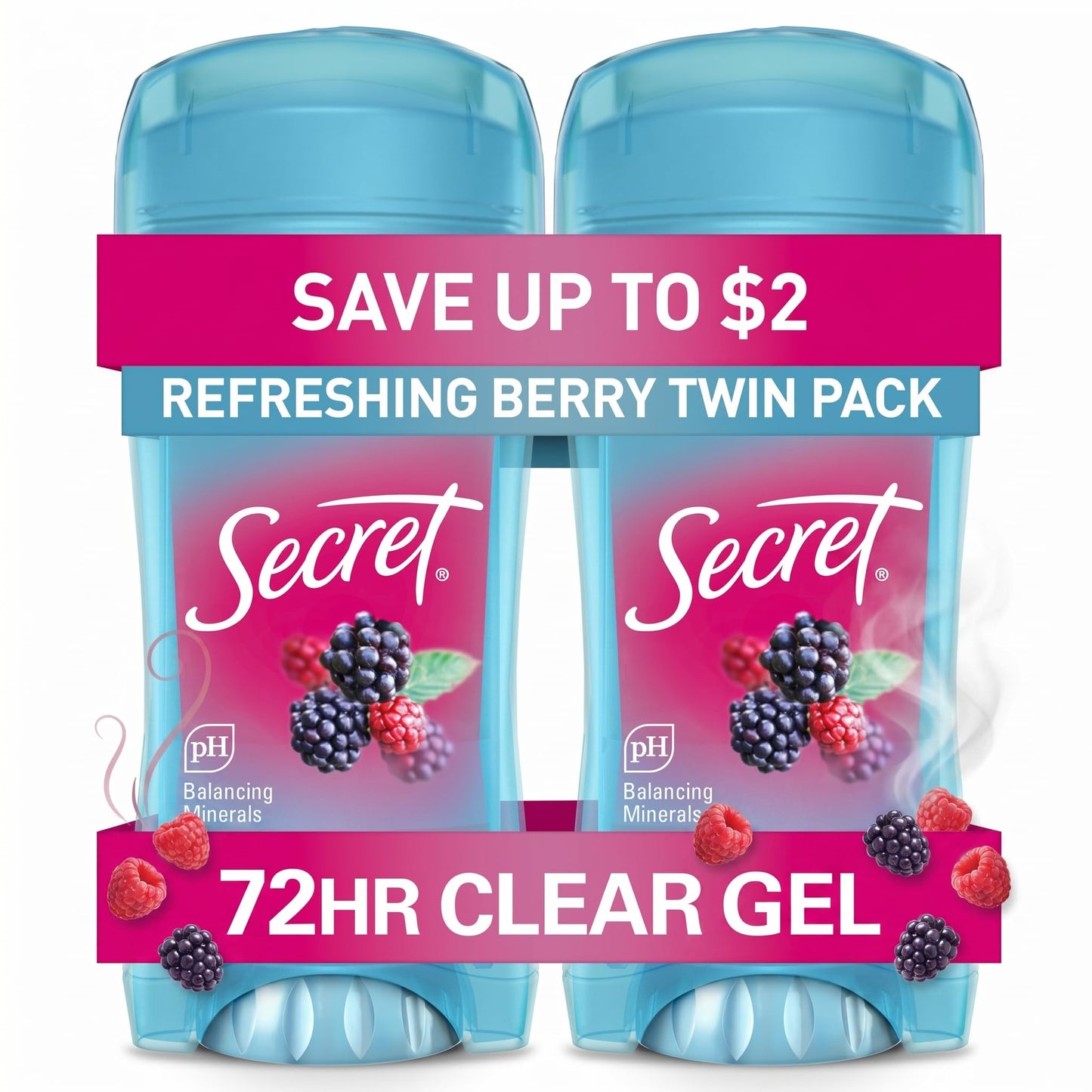 Secret Fresh Antiperspirant Deodorant for Women, 72hr Breathable Sweat & Odor Protection, Instant Freshness & Gentle, PH Balancing Minerals, Clear Gel, Refreshing Berry Scent, 2.6 oz (Pack of 2)