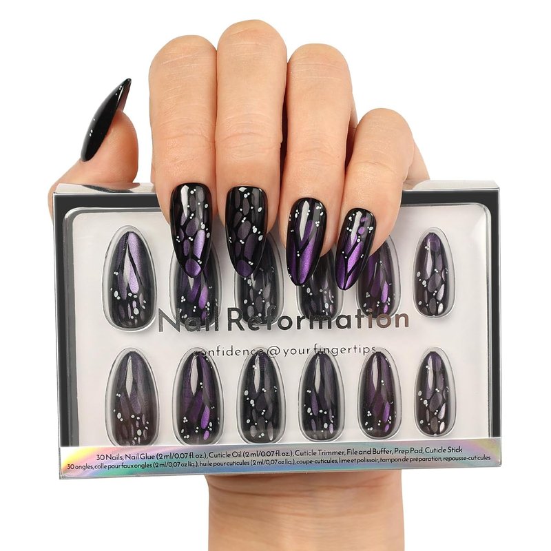 Press On Nails - Purple Mariposa Medium Almond Fake Nails | Glossy Finish with Cat Eye & Butterfly Wing - 30 Reusable Stick-On Nails in 15 Sizes