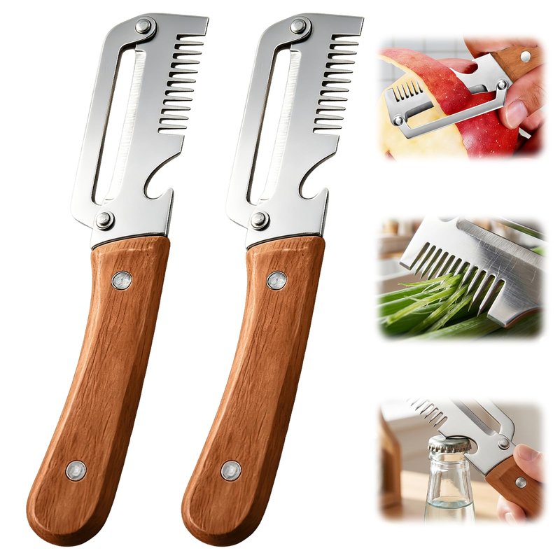 2026 Upgrade Vegetable Peeler With Wooden Handle, Stainless Steel Wide Blade Potato and Carrot Peeler, 3-in-1 Veggie Peeler With Scallion Shredder and Bottle Opener for Kitchen, Camping and Travel