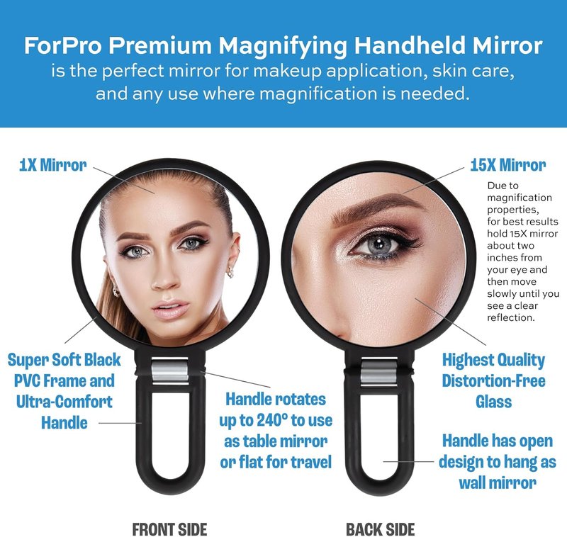 ForPro Professional Collection Premium Handheld Magnifying Mirror - 1X/15X Magnification, Adjustable Folding Handle, Black