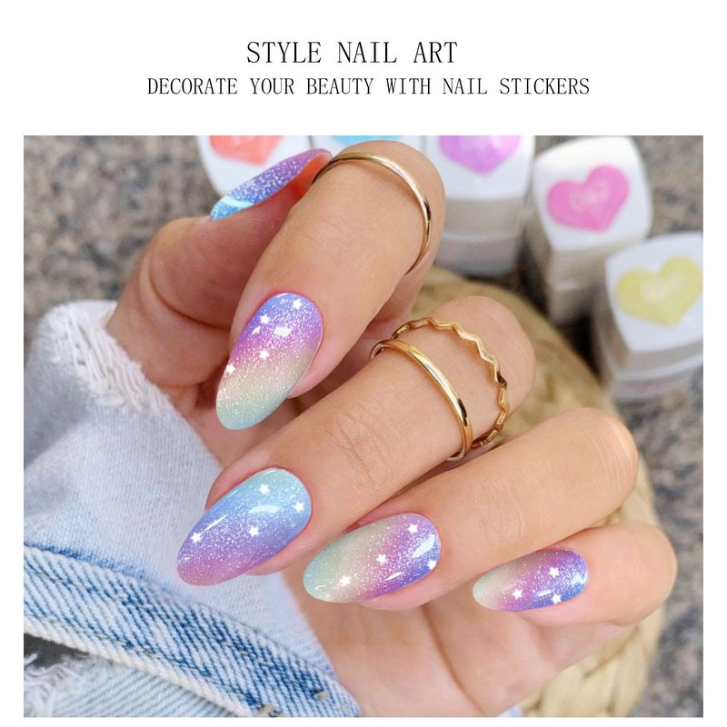 JMEOWIO Gel Nail Stickers Rainbow Glitter Semi Cured Gel Nail Strips Wraps UV/LED Nails Art Design Decoration Accessories