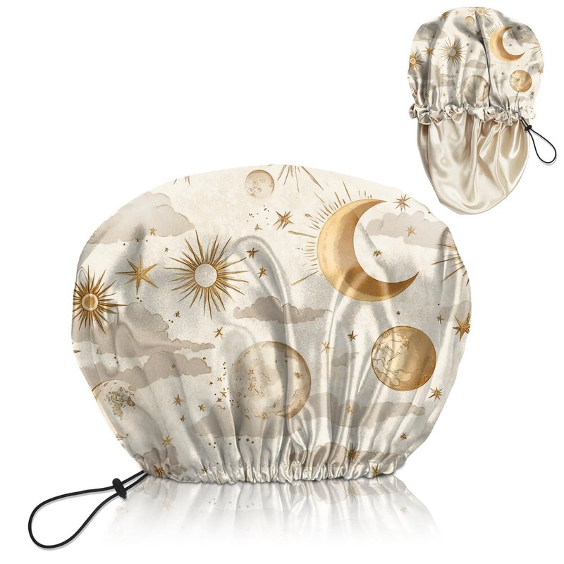 BHAHB Shower Cap Reusable Waterproof Double Layer Elastic Adjustable Hair Bath Caps Cute Aesthetic for Women Girls-Khaki