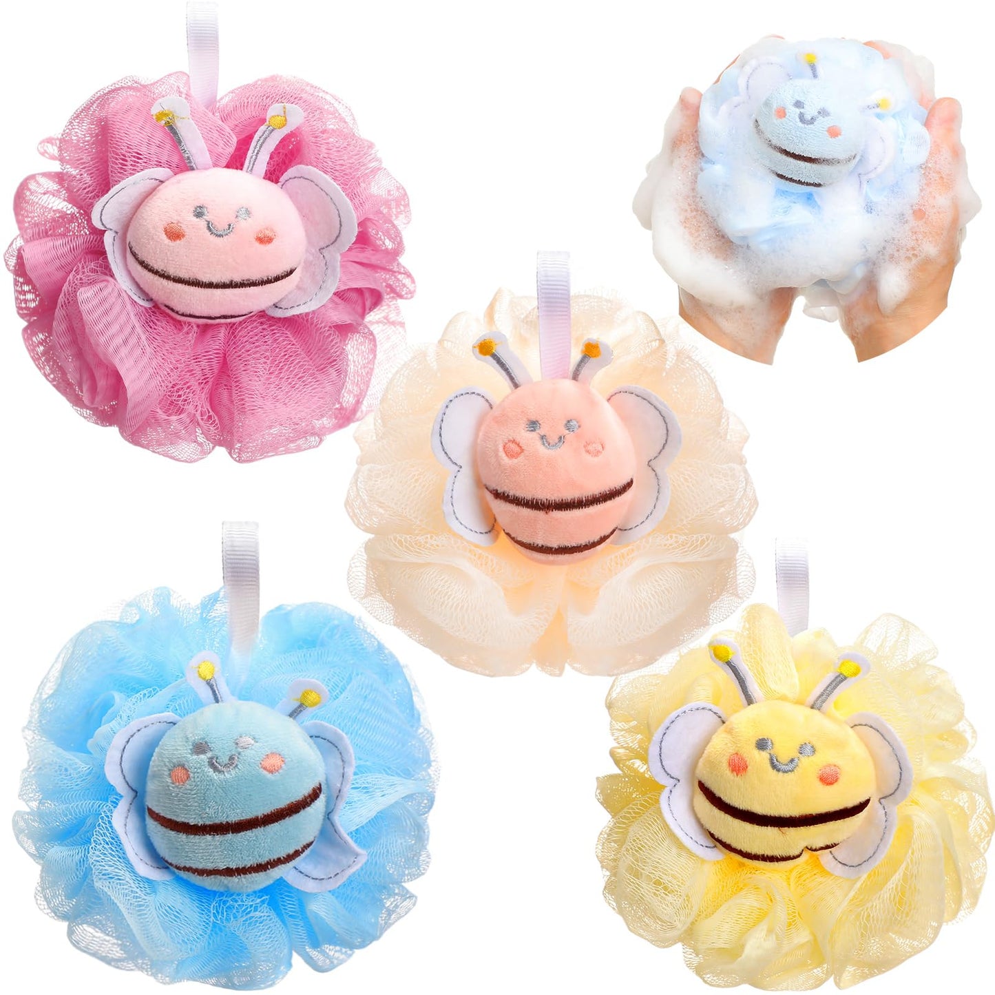 Reallnaive 4 Pcs Bee Bath Loofah Sponge Cartoon Body Scrubber Loofah Soft Mesh Exfoliating Bath Scrubber Shower Ball for Shower Sponge Gifts Exchange Birthday Party