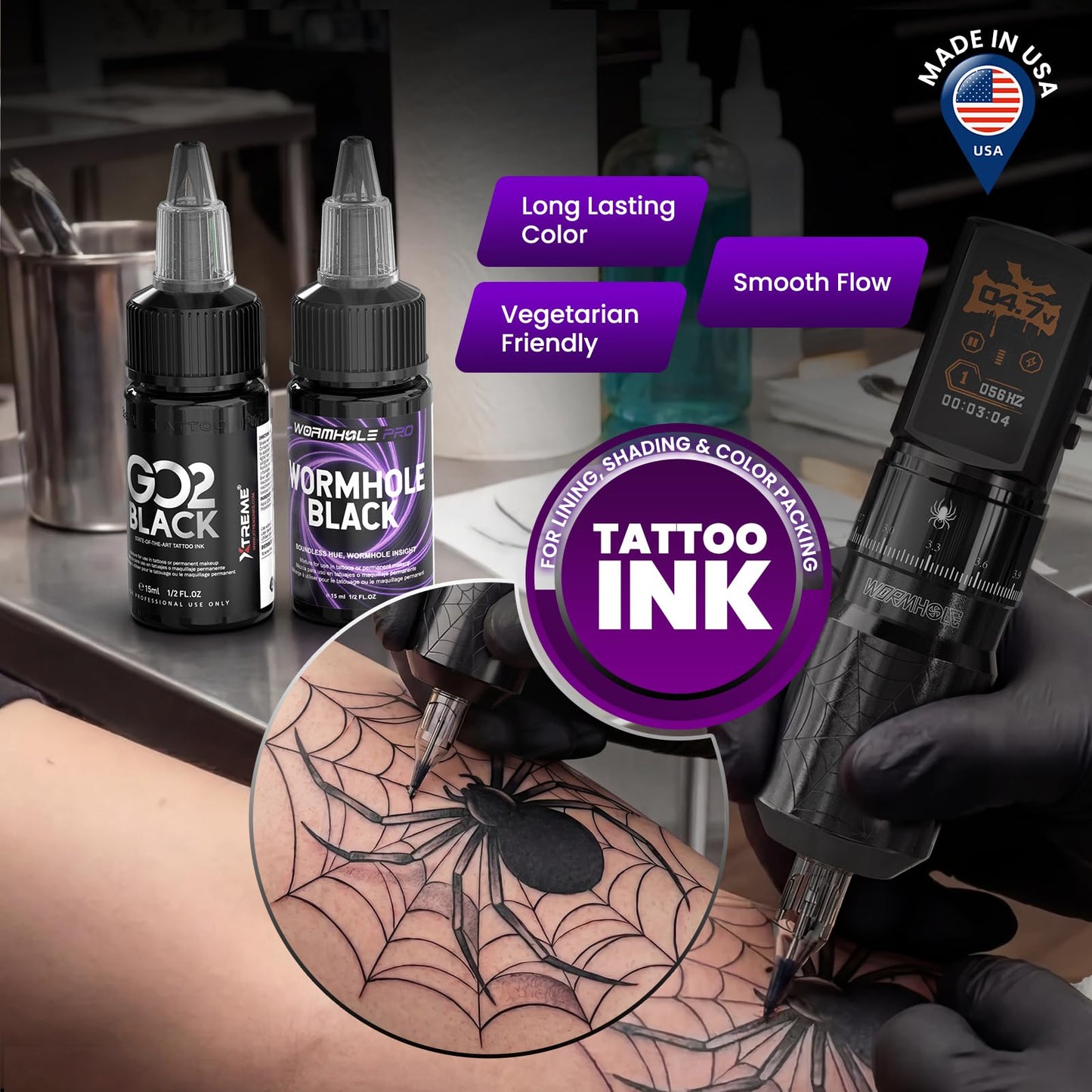 Wormhole 2 PCS 2300mAh Batteries Tattoo Kit Wireless Tattoo Gun Kit with 7 Adjustable Strokes, Smart Display with 3 Memory Slots, 3 Working Modes, 2 Tattoo Inks for Lining & Shading WTK0256