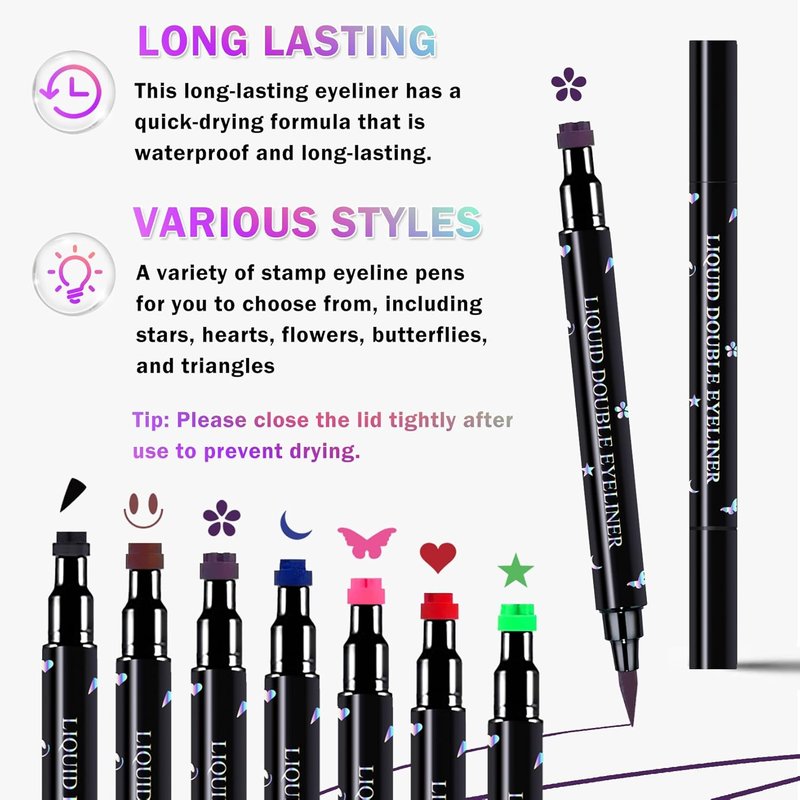 Double-Headed Eyeliner Stamp Set - 7 Colors Waterproof & Smudgeproof Liquid Winged Eyeliner for Flawless Eye Makeup