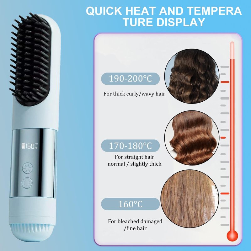 2026 New Go Brush Pro - 3 Temps Portable Cordless Hair Straightener Brush for Travel, 30s Fast Heat & Led Digital Display(°C/°F), Cool Air Setting On the Back(Blue)