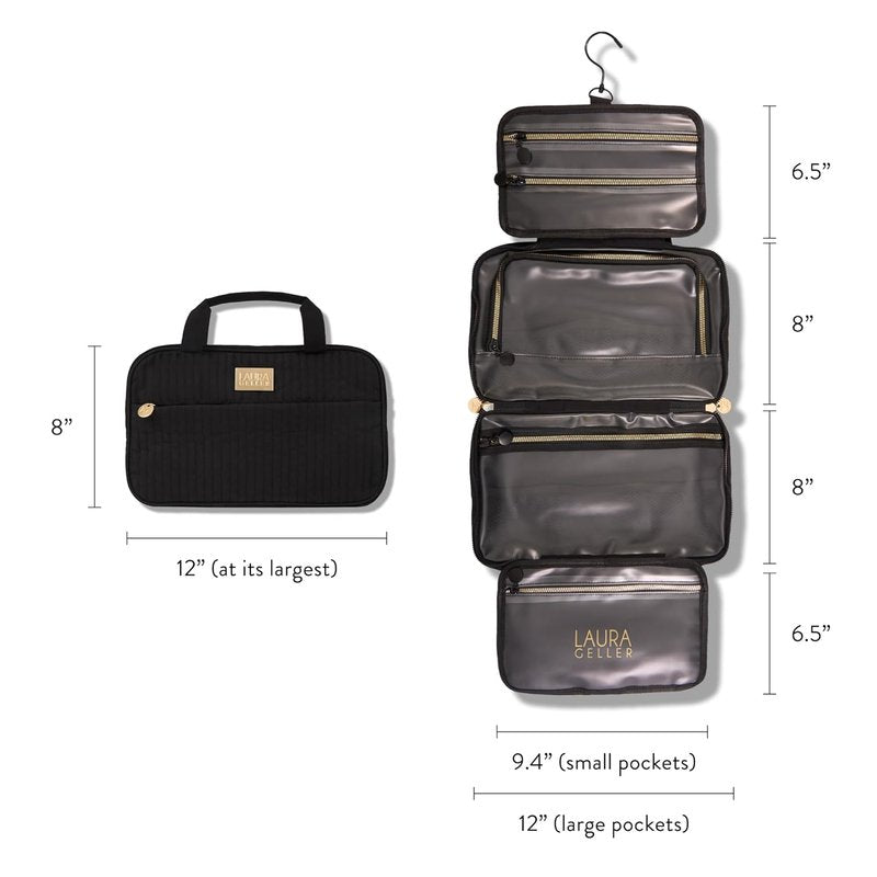 Laura Geller New York Quilted Travel Makeup Bag - Large Capacity Hanging Organizer in Black