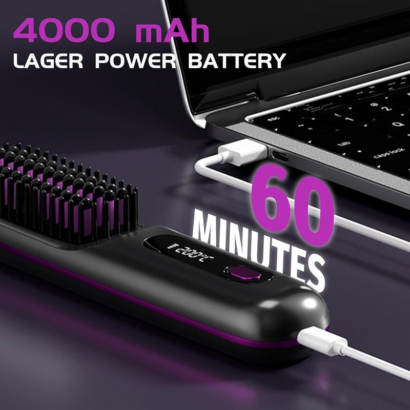 Portable Cordless Hair Straightener Brush - Fast 30s Heat, 3 Temp Settings | Travel-Friendly Gray Design