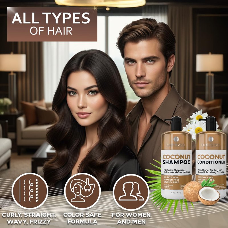 Coconut Shampoo and Conditioner Set - Sulfate-Free Hydrating Formula for Dry, Damaged Hair | 16 Fl Oz (Set of 2)