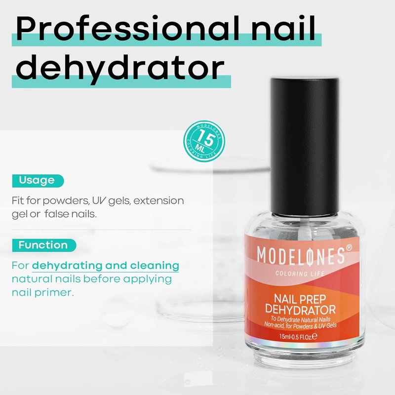 Modelones Nail Dehydrator - 15ml Acid-Free Prep Solution for Acrylic & Gel Nails | Hema-Free Primer