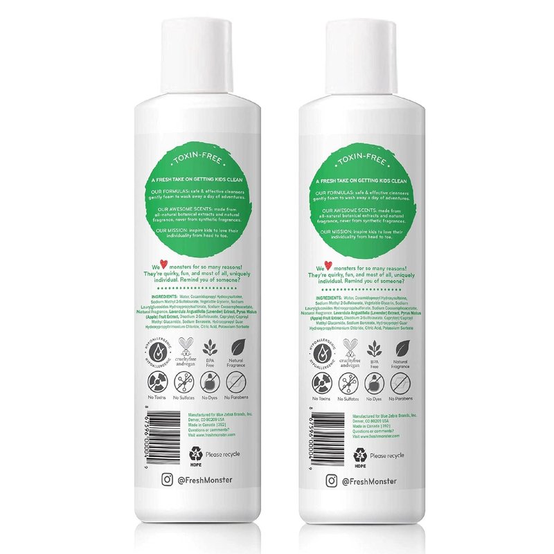 Fresh Monster 2-in-1 Natural Shampoo & Body Wash for Kids - Toxin-Free, Hypoallergenic, Ocean Splash | 2 Pack (8.5oz Each)