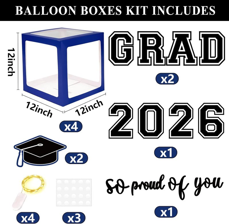 Navy Blue Graduation Decorations 2026 - 4 Balloon Boxes with 139pcs Garland Kit & Lighted Strings