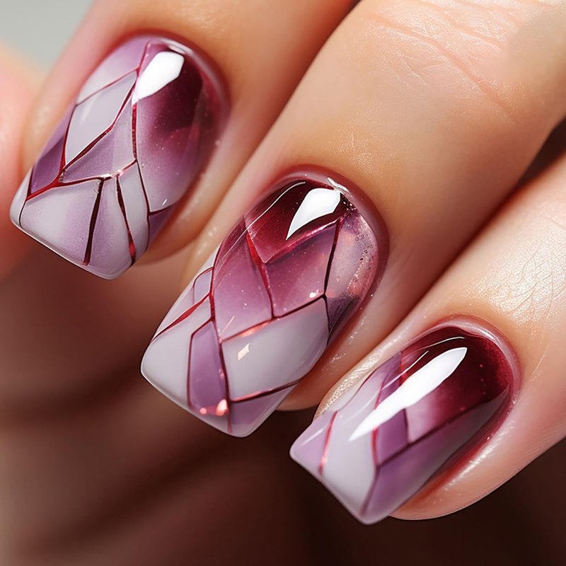 Press on Nails Medium Length Wine Red Square False Nails Lines Grids Design Charm Fake Nails Artificial Acrylic Nails Full Cover Glossy Reusable Coffin Nails Glue on Nails for Women Supplies 24Pcs