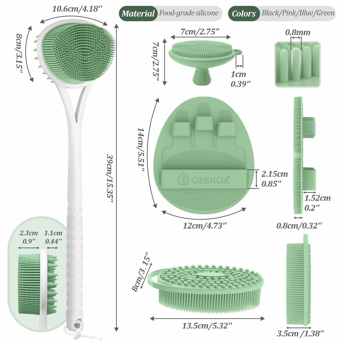 GEENOA Silicone Back Body Face Scrubbers Set 4PCS, 15.35’’ Back Scrubber Soft Body Scrubber for Dual-Side Usage, Easy-to-Hold Soft Bath Glove & Face Scrubber for Good Foaming Deep Cleaning(Green)